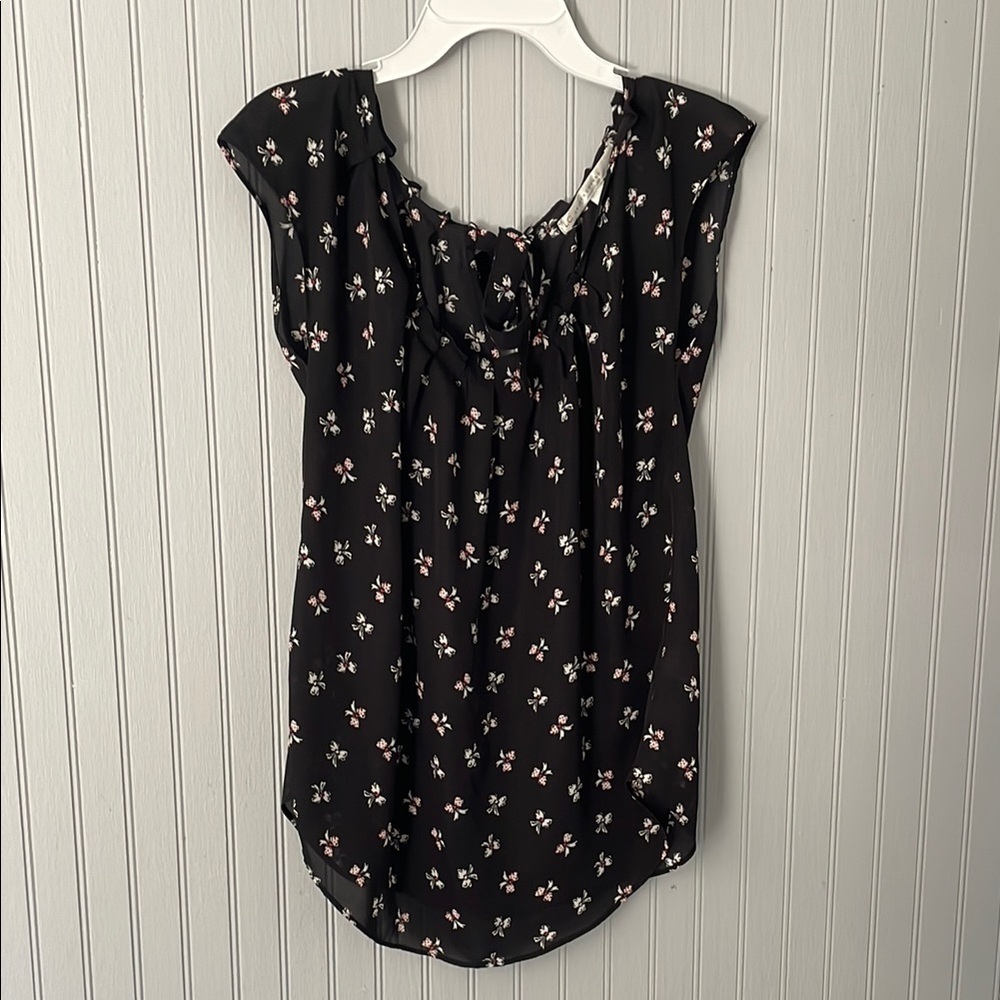 LC Lauren Conrad Black Bow Print Ruched Blouse | Size Small